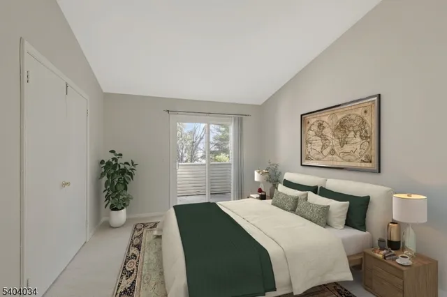 a bedroom with a bed and a potted plant