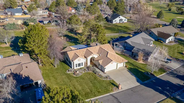 an aerial view of a house with swimming pool and large trees