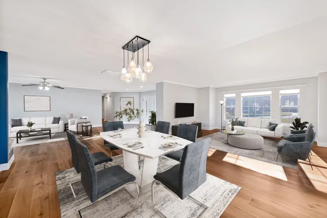 a view of a dining room with furniture