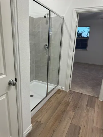 a bathroom with a shower and toilet