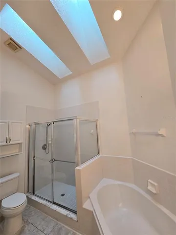 a bathroom with a shower and a toilet