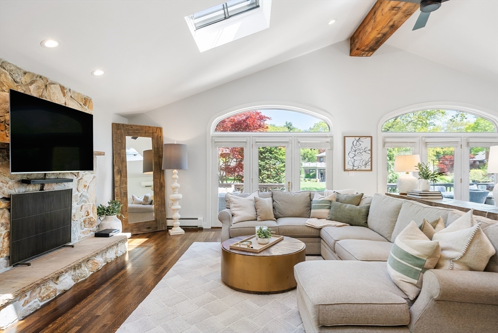 60 Perry Drive Westwood, MA 02090 - Photo 17 of 42 a living room with furniture a flat screen tv and a large window