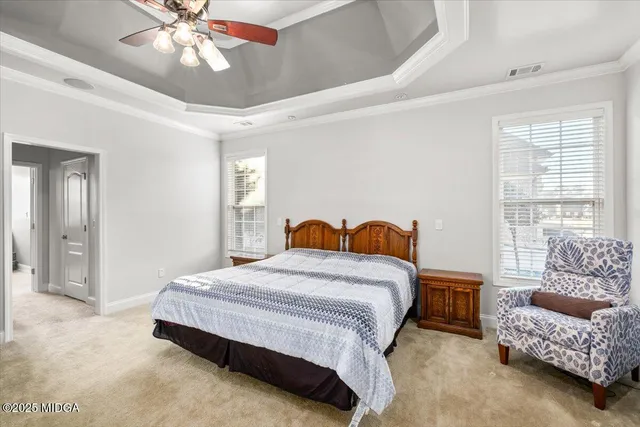 a bedroom with a bed and ceiling fan
