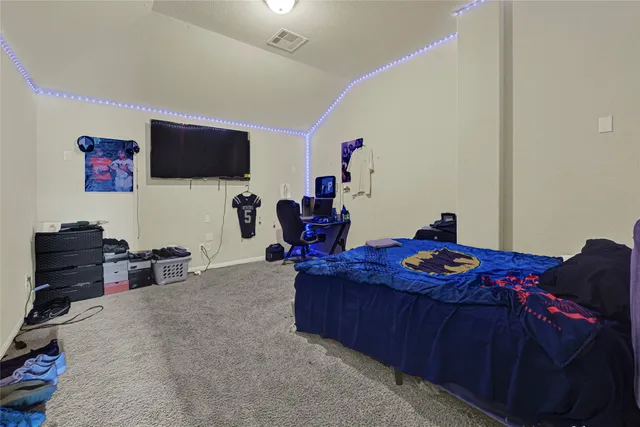 a bed room with a bed and a television