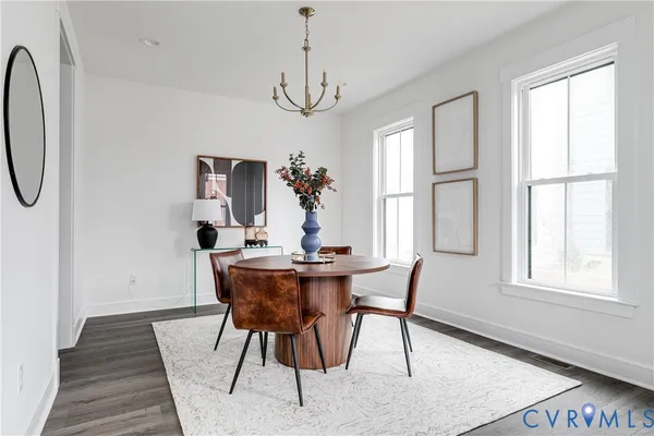 a view of a dining room with furniture window and wooden floor