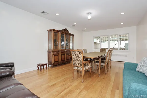 a view of a dining room with furniture