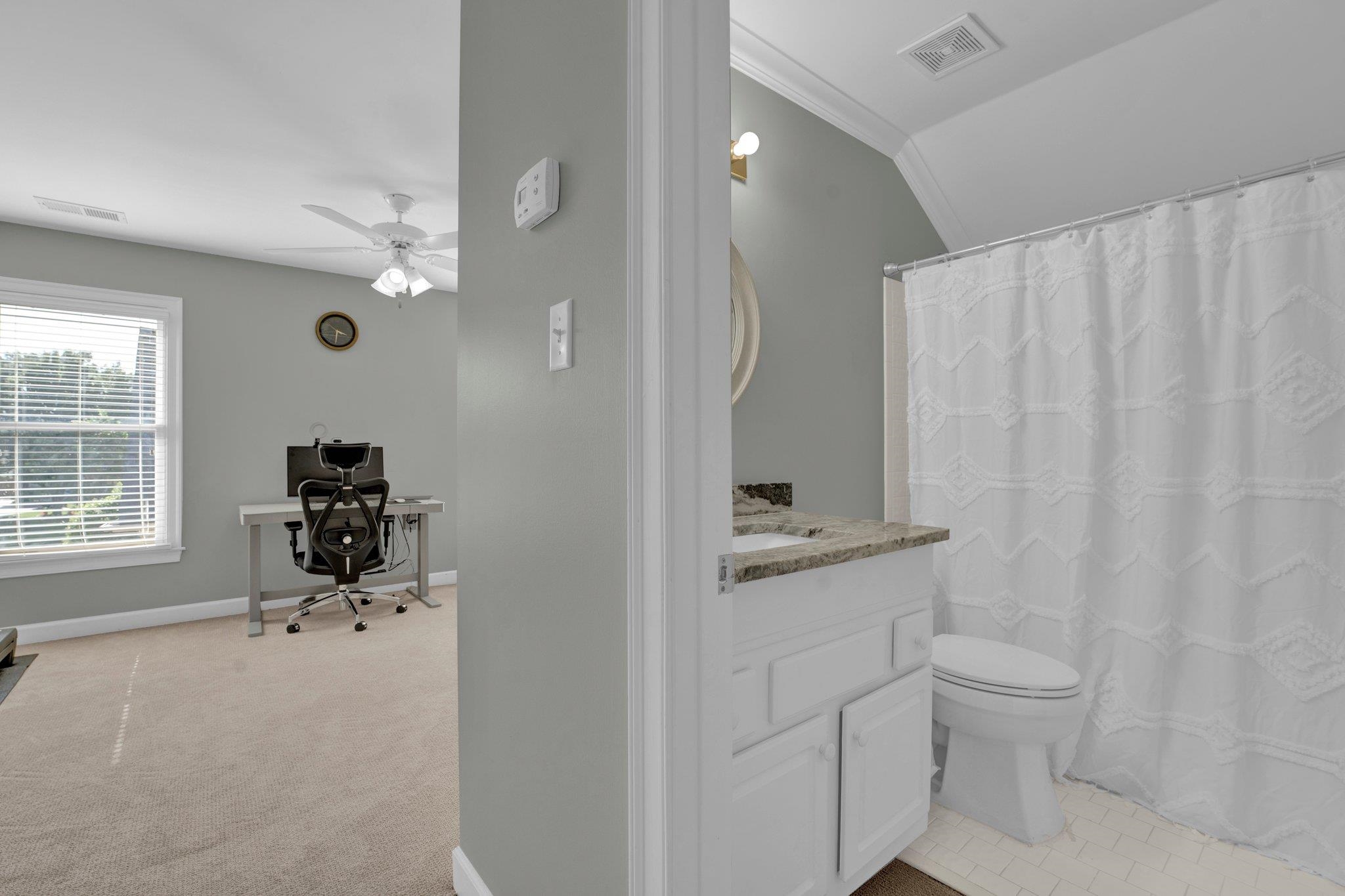1331 Riding Brook Drive Collierville, TN 38017 - Photo 27 of 39 Bathroom with lofted ceiling, toilet, vanity, ceiling fan, and ornamental molding
