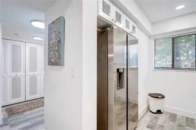 a garden view with a seating space