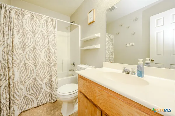 a bathroom with a sink a toilet and shower curtain