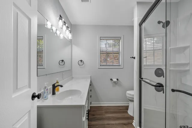 a bathroom with a sink a toilet and shower