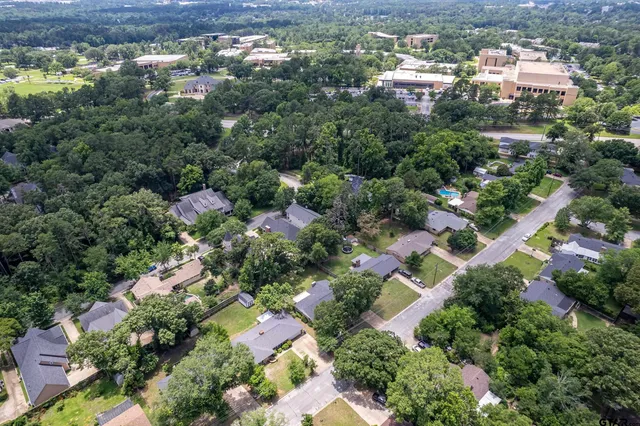 an aerial view of residential houses with outdoor space and trees