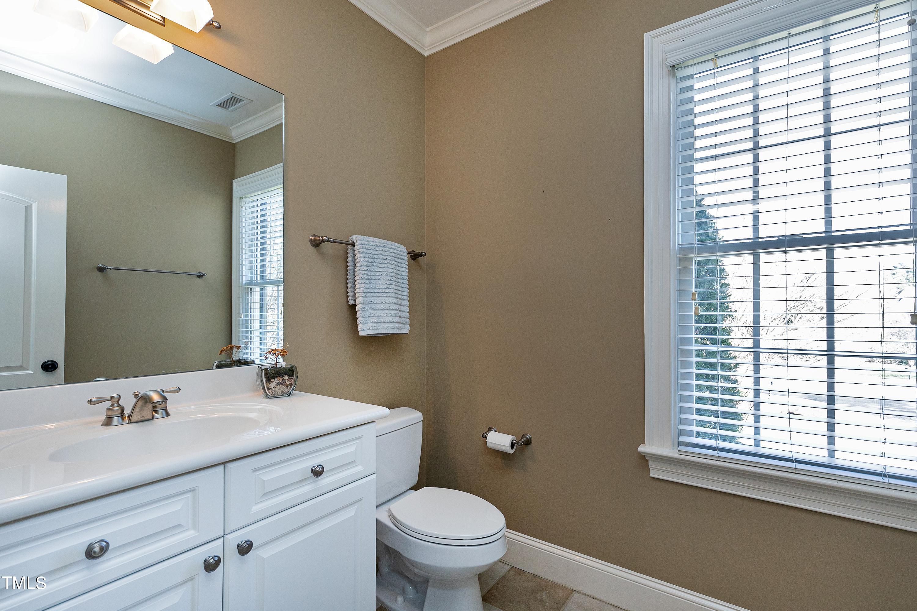 2912 Ryton Court Raleigh, NC 27613 - Photo 48 of 86 a bathroom with a toilet a sink a mirror and a window