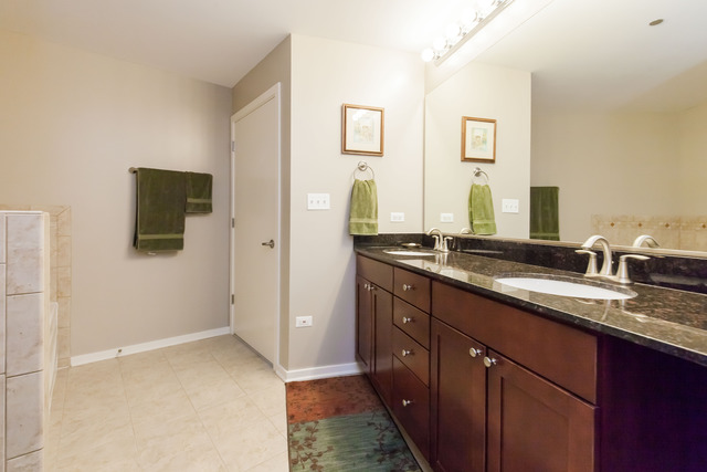 520 South State Street, Unit 501 Chicago, IL 60605 - Photo 17 of 25 a bathroom with a granite countertop double vanity sink and mirror
