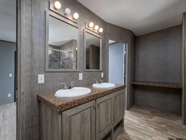 a bathroom with a granite countertop sink and a mirror