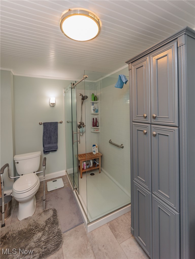 2550 North Ridge Road Vermilion, OH 44089 - Photo 36 of 50 Bathroom with toilet, ornamental molding, walk in shower, and tile patterned floors