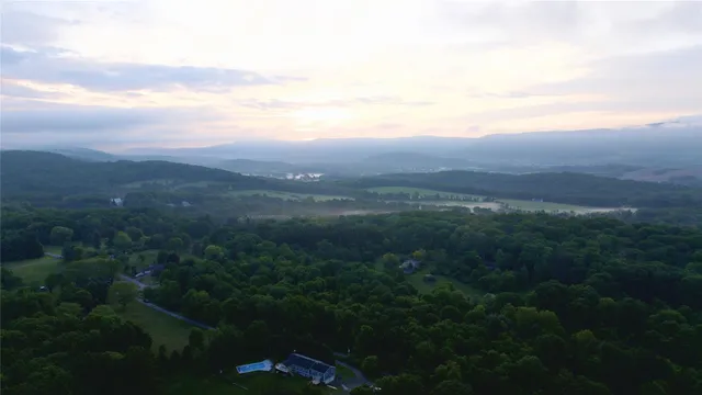 a view of a city with lush green forest