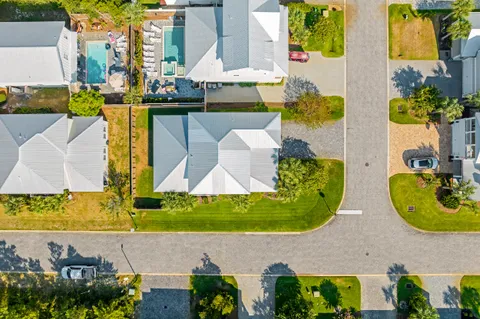 an aerial view of a swimming pool