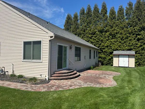 a view of a backyard with plants and large tree