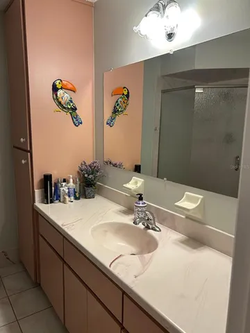 a bathroom with a sink and a mirror