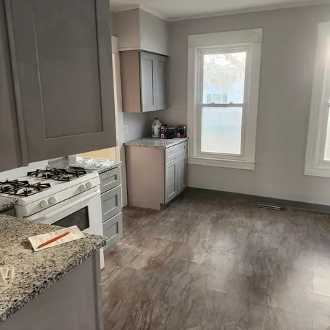 a kitchen with granite countertop a stove a sink and a refrigerator