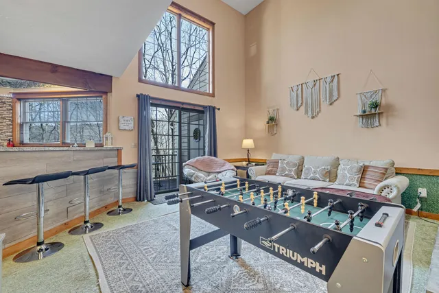 a living room with furniture a rug and a window