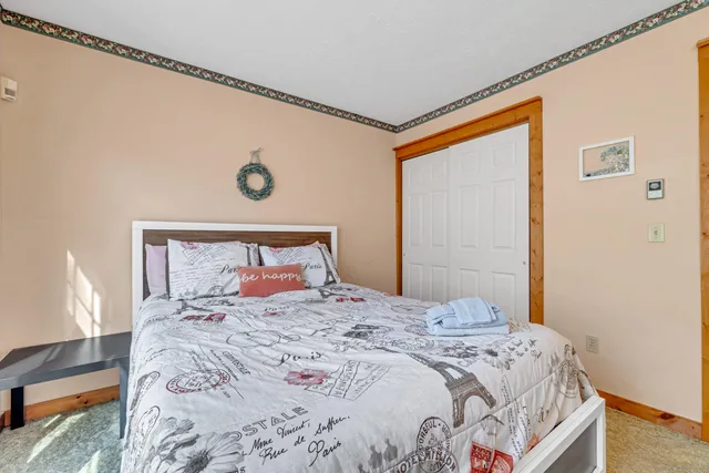 a bedroom with a large bed and a window