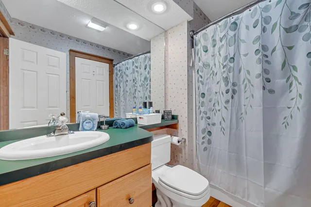 a bathroom with a sink toilet and shower