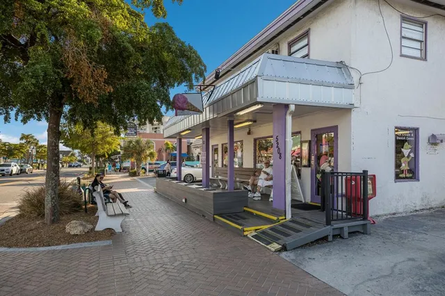 a view of people sitting in front of retail shops