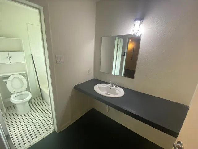 a bathroom with a sink a toilet and mirror