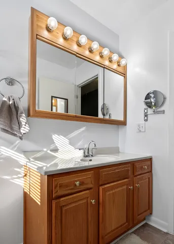 a bathroom with a sink and a mirror