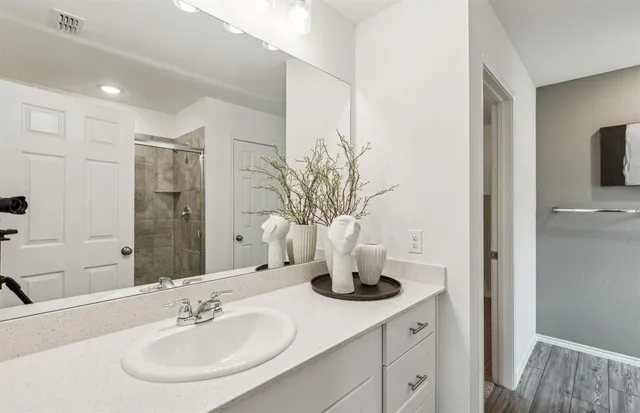 a bathroom with a shower and a sink
