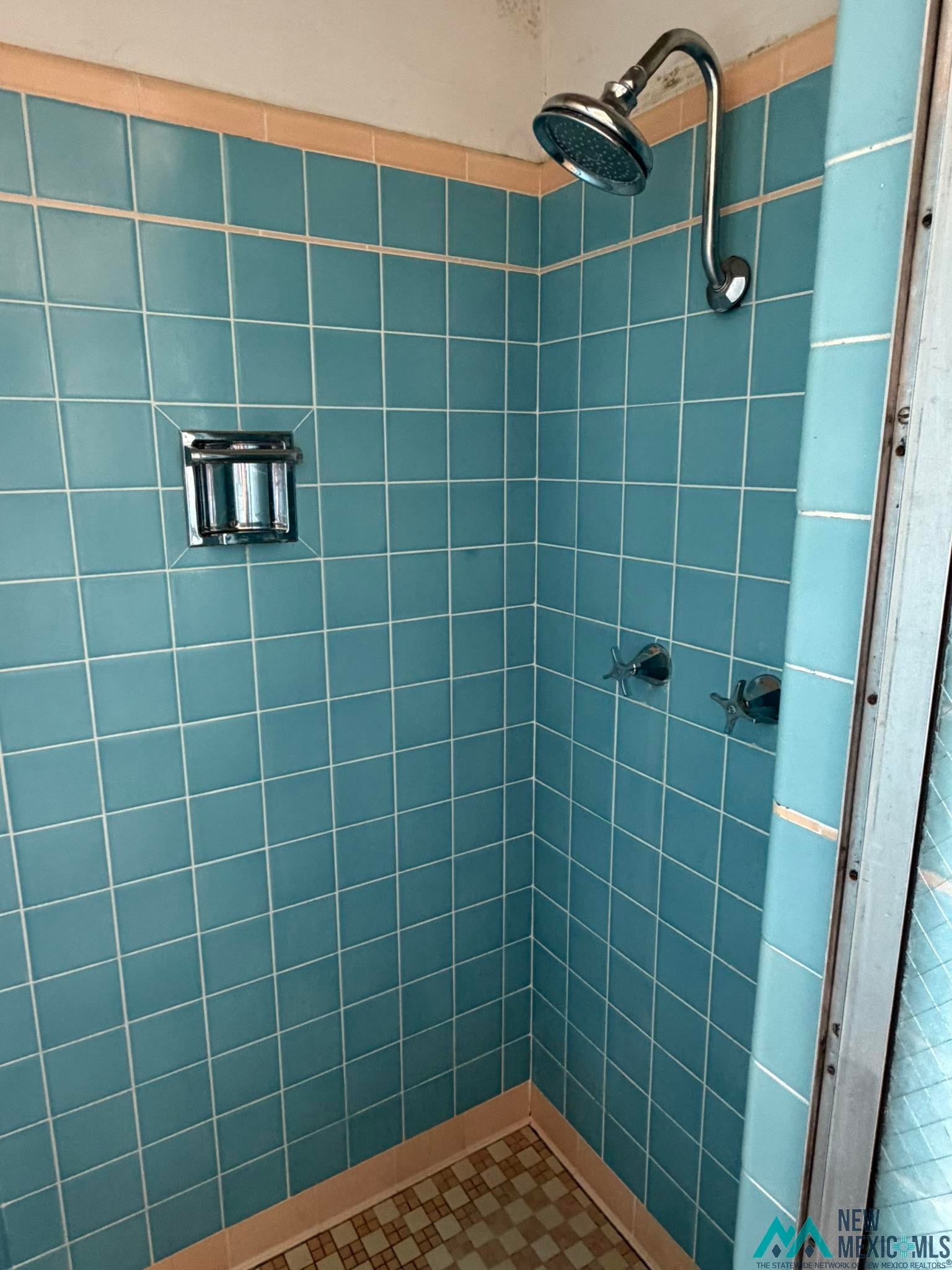 570 Curry Road North Clovis, NM 88101 - Photo 33 of 59 Shower enclosure featuring blue square tile walls with white grout, a chrome showerhead, and a soap dish