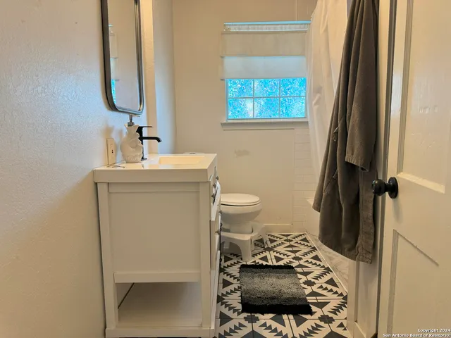 a bathroom with a sink toilet and mirror