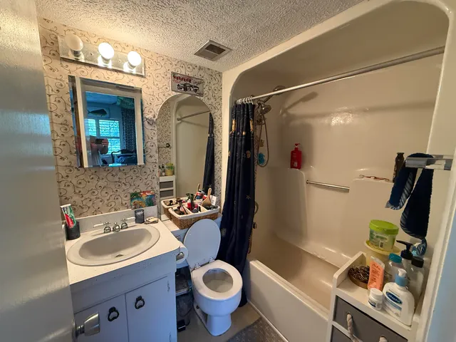 a bathroom with a sink toilet and shower