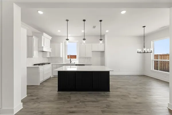 a large kitchen with cabinets wooden floor and a sink