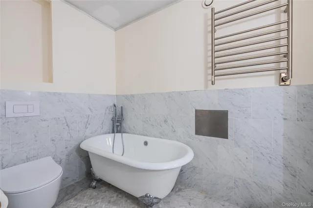 a bathroom with a bathtub and a toilet