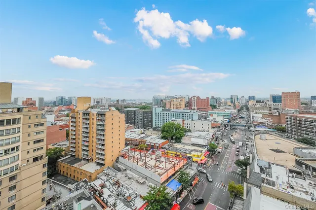 a city view with tall buildings