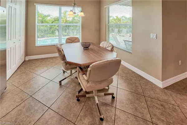 a view of a dining room with furniture window and outside view