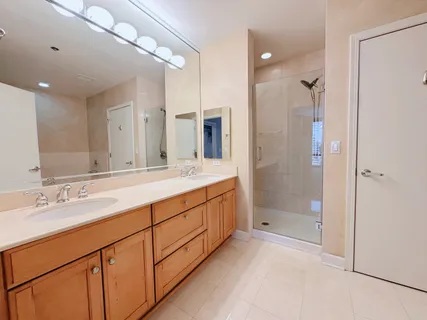 a bathroom with a double vanity sink mirror double and shower