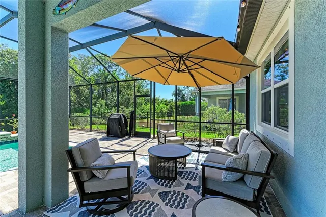 a view of a lake with a patio