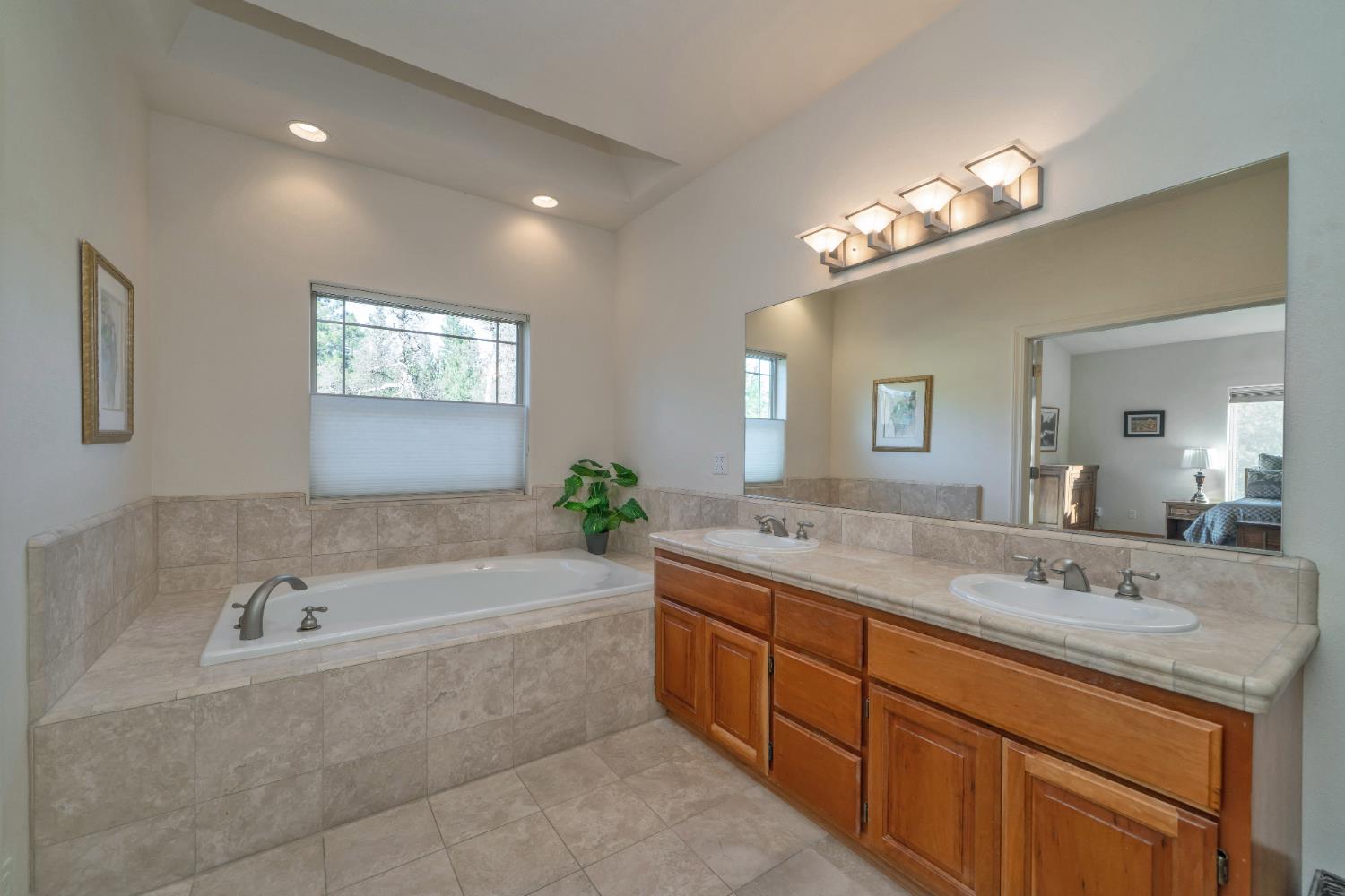 6510 Sly Park Road Placerville, CA 95667 - Photo 27 of 50 a bathroom with a granite countertop sink a large mirror a bathtub and next to a window