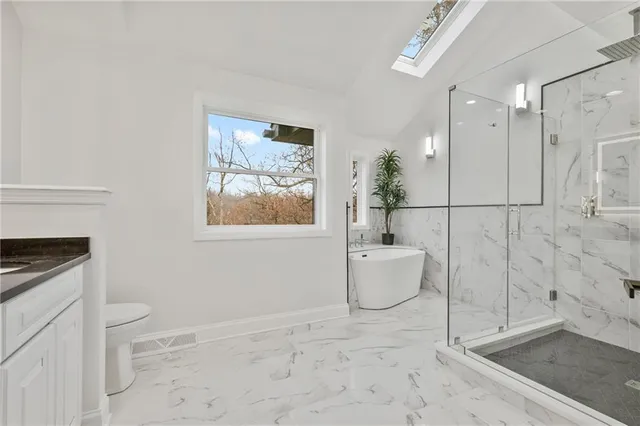 a bathroom with a sink a toilet and shower