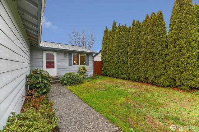 a view of a backyard with potted plants and a fountain
