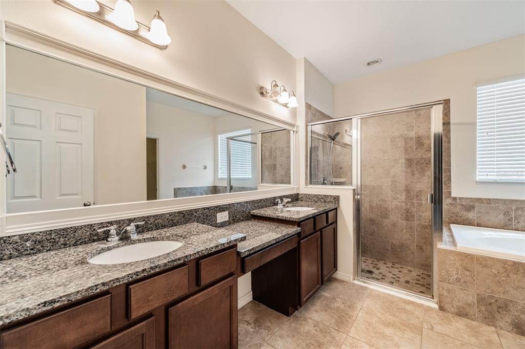 1570 Fox Grape Loop Lutz, FL 33558 - Photo 16 of 41 a bathroom with a granite countertop sink a mirror and a shower