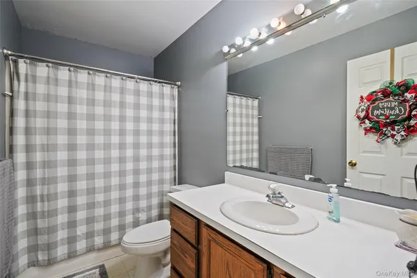 a bathroom with a sink a toilet a mirror and shower curtain