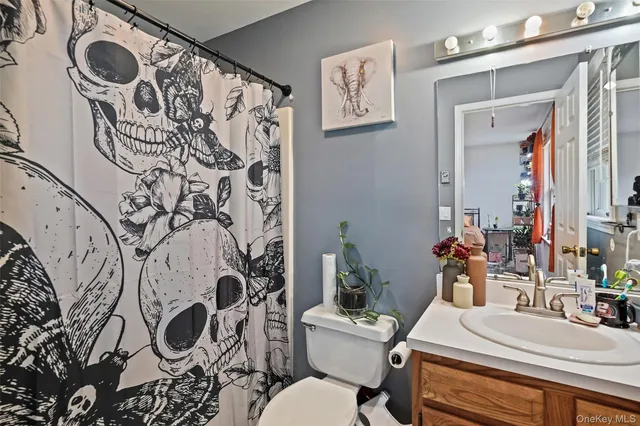 a bathroom with a sink mirror vanity and toilet