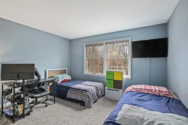 a bedroom with a bed a couch and a flat tv screen on the dresser