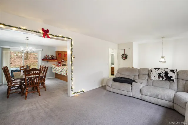 a living room with furniture and a dining table with kitchen view