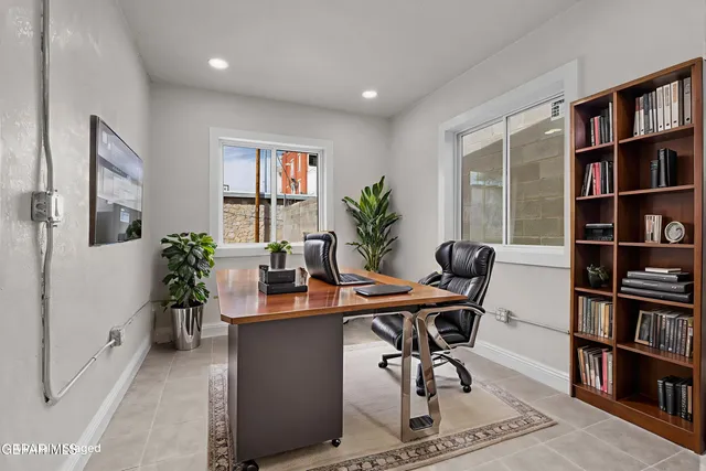 a workspace with furniture and a potted plant