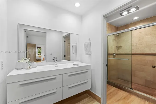 a view of a lake with a garden